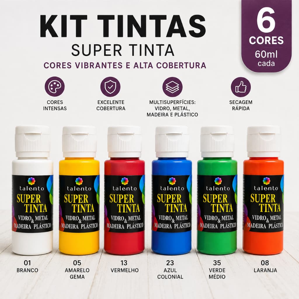Kit 6 Tintas Para Vidro, Plástico, Metal, Madeira - Super Tinta Talento 60ml