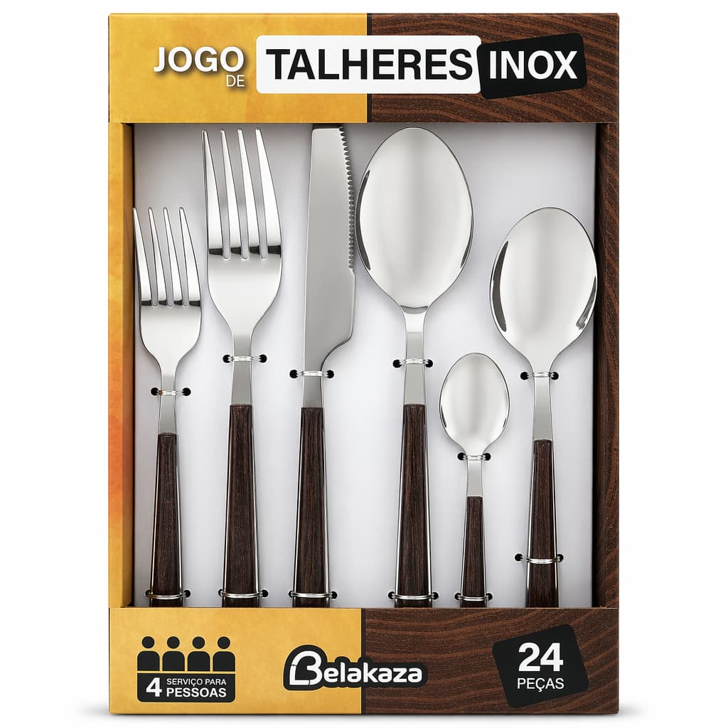 Jogo Talheres 24 Pecas Em Inox E Cabo Madeira Escura Belakaza