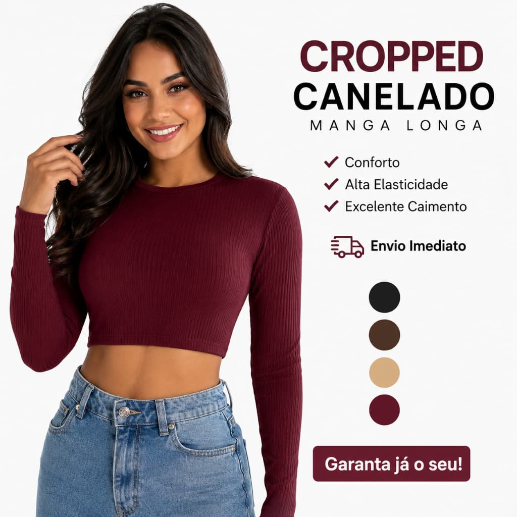 Cropped Manga Longa Básico Feminina Canelado Premium Feminino Inverno