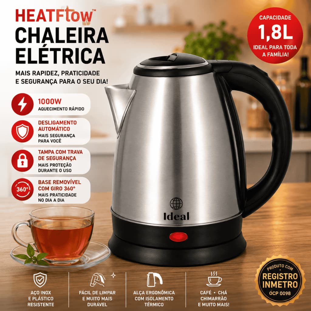 HeatFlow™ Chaleira Elétrica 1,8L Inox 1000W 127V Base 360° Desligamento Automático Aço Inox Tampa com Trava Ideal para C