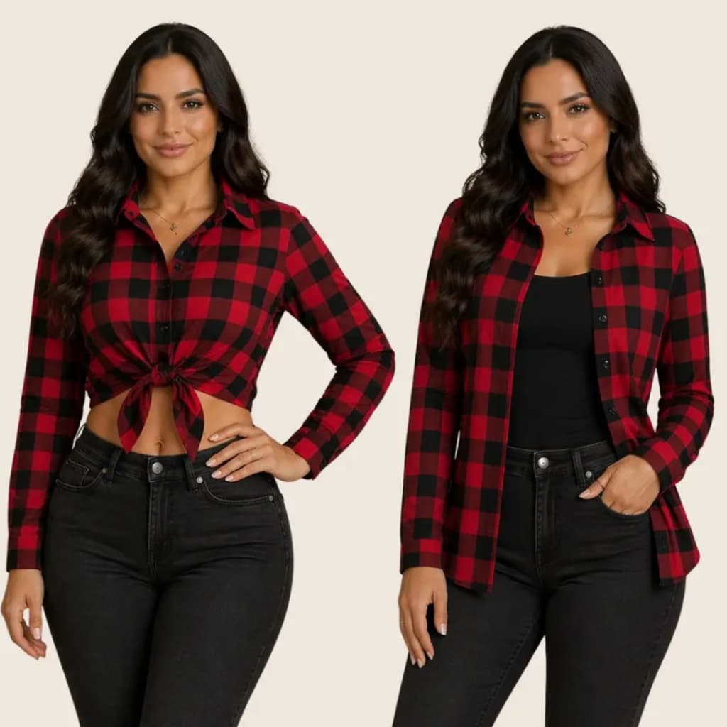 Camisa Feminina Xadrez Flanelada Manga Longa em Flanela Fechamento por Botões Casual para Inverno