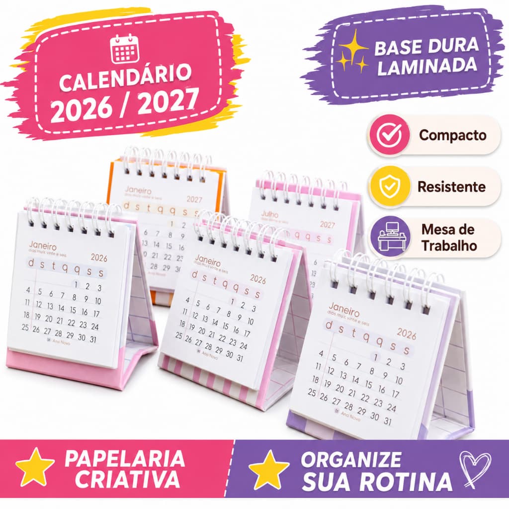 Mini Calendário de Mesa 2026 2027 Cartonado Base Dura Planejamento Papelaria Criativa Compacto