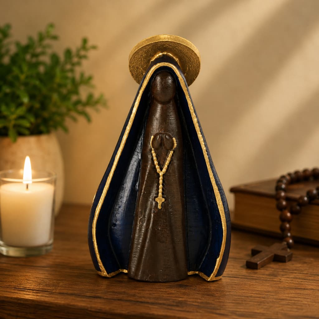 Imagem Nossa Senhora Aparecida 15cm Resina Pintada à Mão Católica Altar Oratório Decorativa