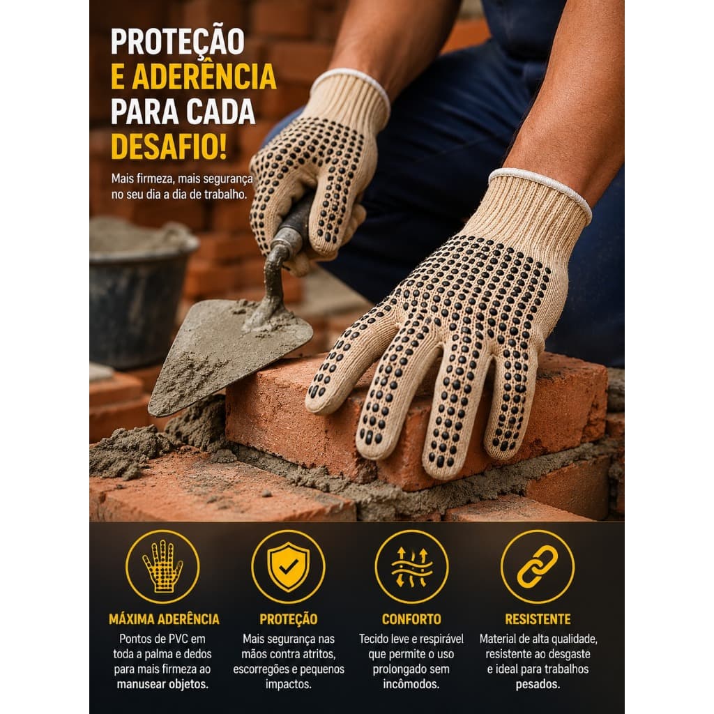 12 Pares De Luvas Bege Com Pig Preto Algodão