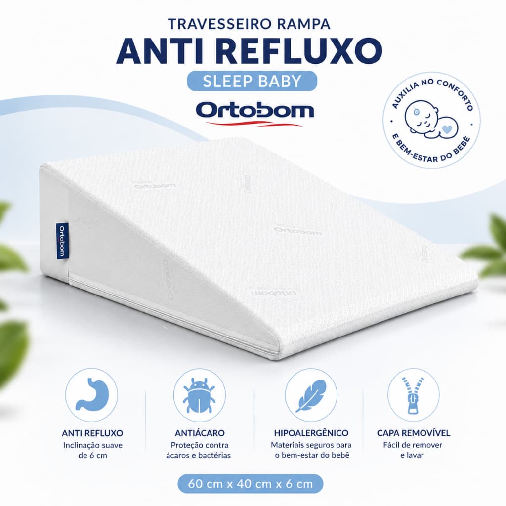 Travesseiro Rampa Anti Refluxo Bebê Ortobom Sleep Baby 60x40 Conforto Segurança Bem-Estar Sono Bebê