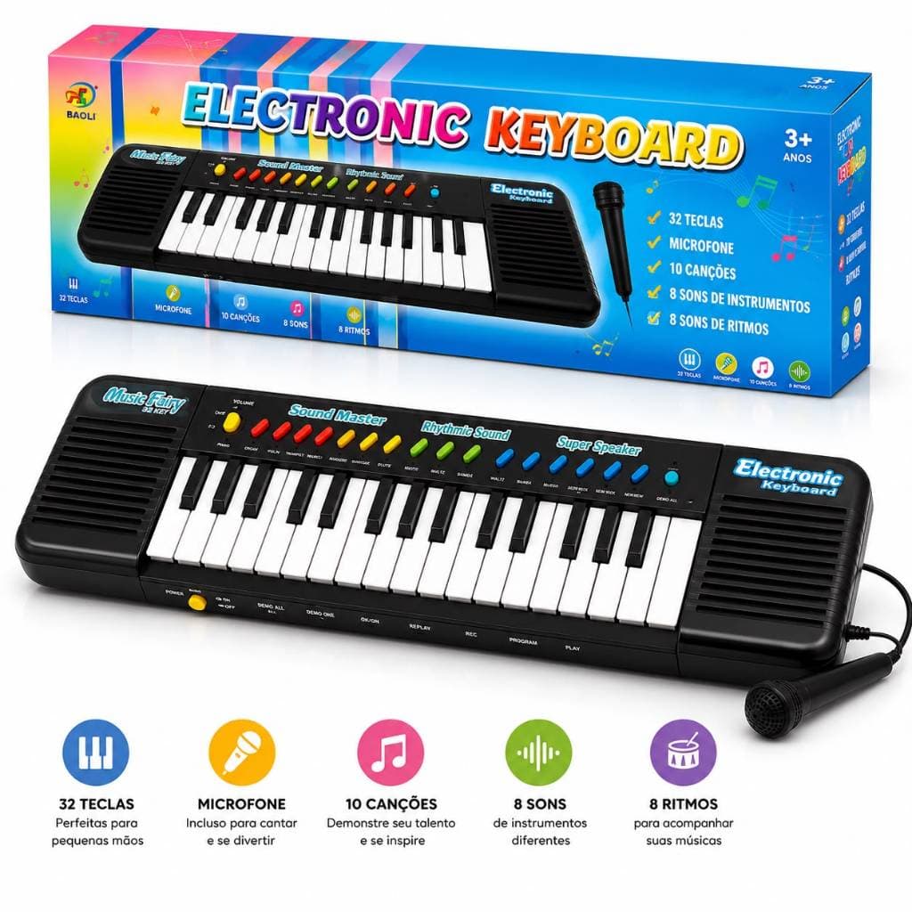 Teclado Piano Infantil com Microfone Brinquedo Musical para Crianças