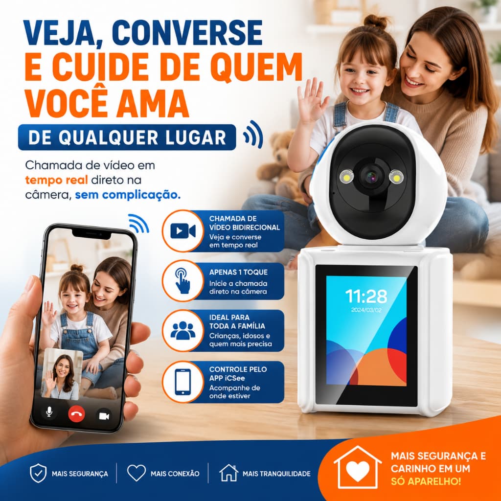 Câmera Babá Eletrônica WiFi com Tela LCD Chamada de Vídeo Full HD 1080P Visão Noturna Inova Prime KV-727