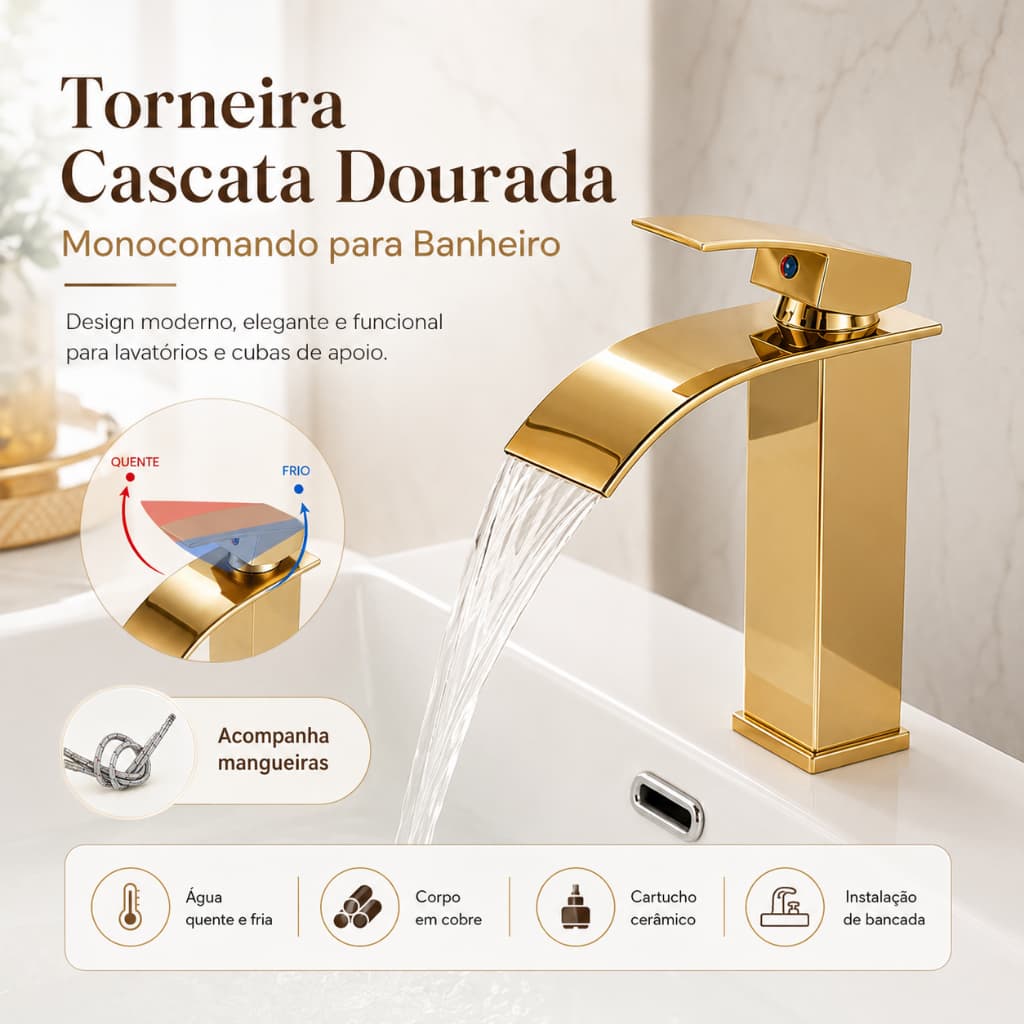 Torneira Dourada Monocomando Cascata para Pia de Banheiro - Água Quente e Fria