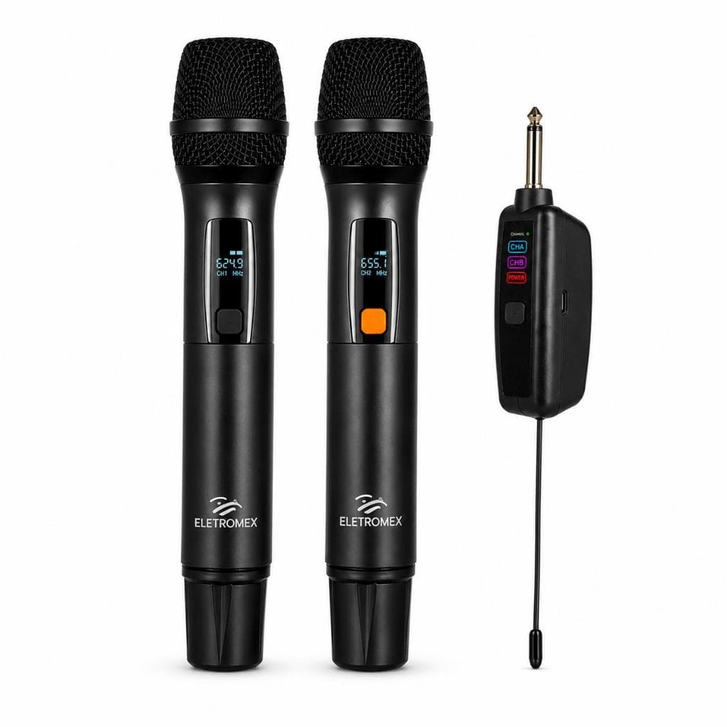 Kit 2 Microfones Sem Fio UHF Duplo Receptor P10 Recarregável Karaokê Igreja Eventos Palestras Profissiona