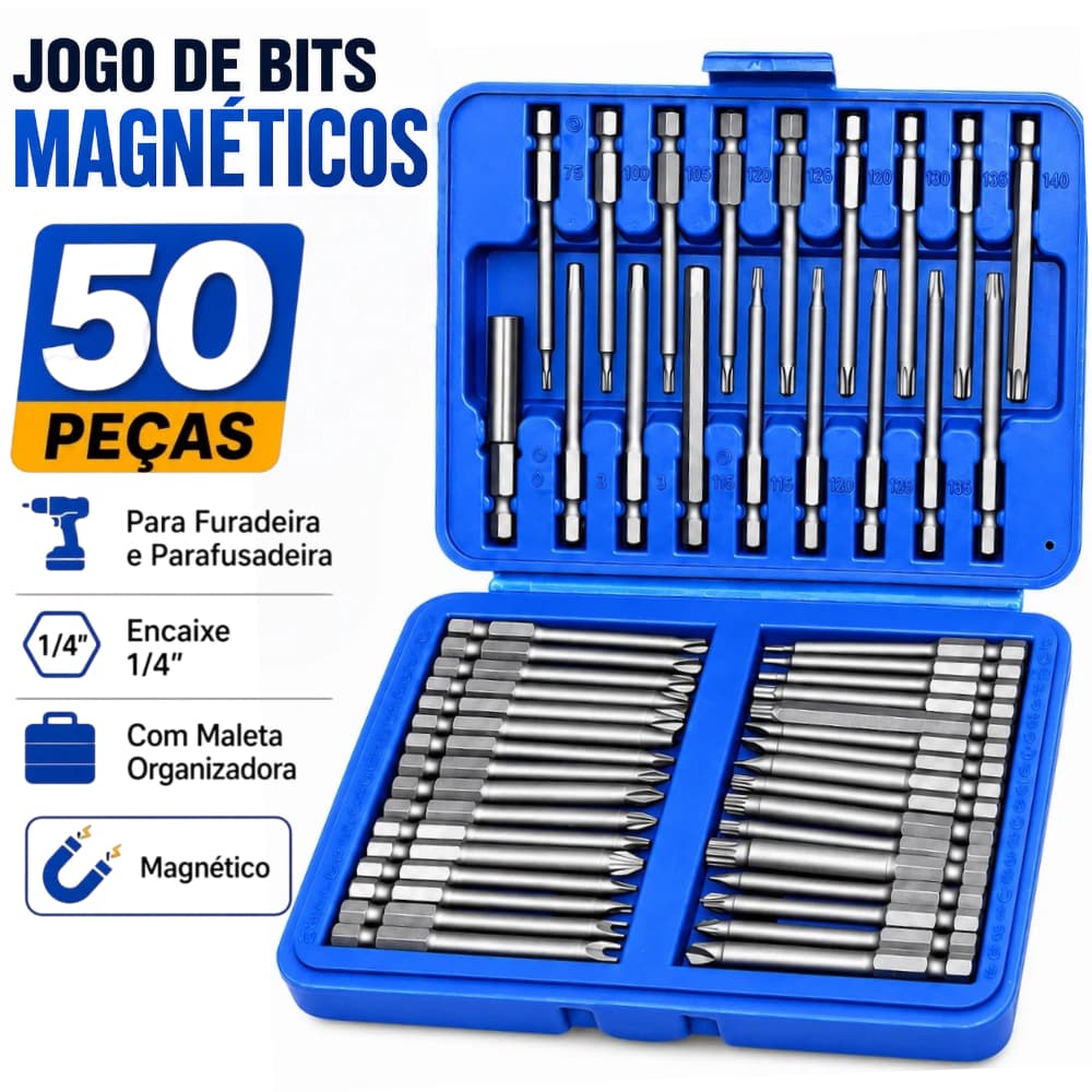 Jogo de Bits Magnéticos 50 Peças para Furadeira e Parafusadeira