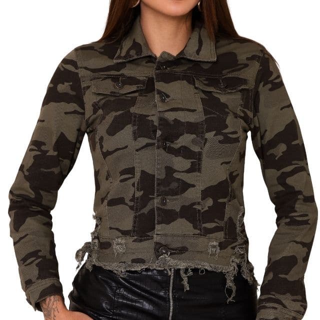 1474 - Jaqueta Jeans Feminina Camuflada Modelo Casual Curta Manga Longa Premium Inverno