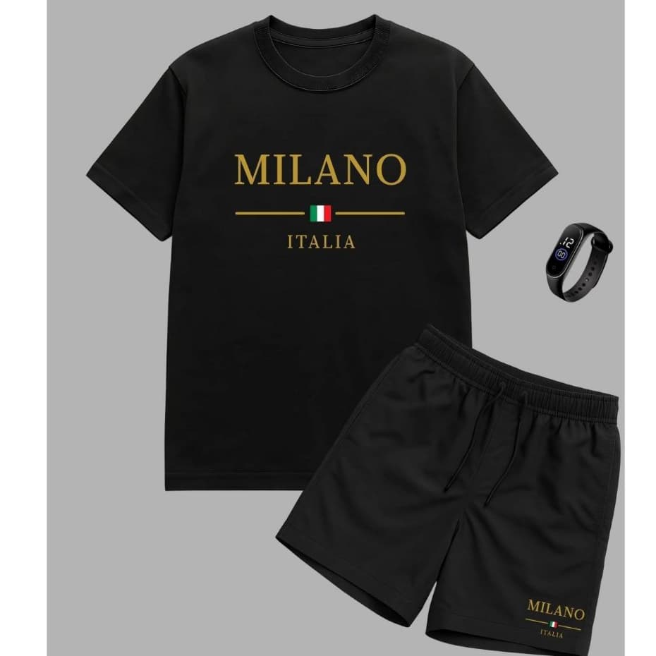 kit conjunto bermuda tectel e camiseta algodão 100% plus size tamanhos grandes G1 G2 G3 G4 MILANO DOURADO RELOGIO