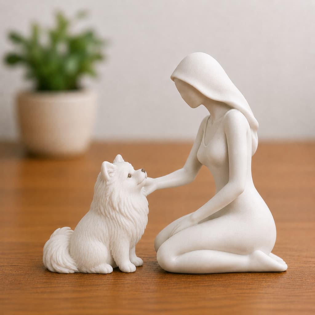 Escultura Mulher e Spitz Alemão Cachorro Minimalista Decorativa | Arte Moderna para Mesa e Estante