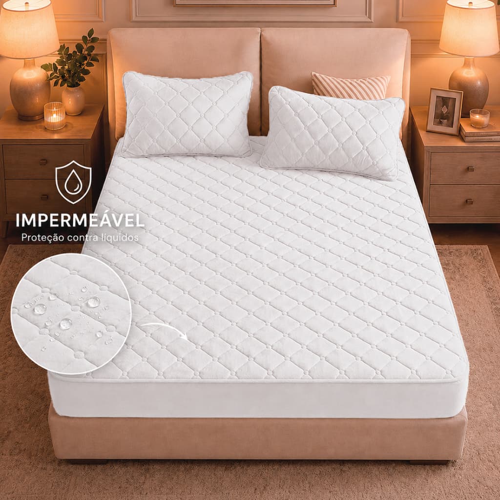 Kit Capa Protetora de Colchão Impermeável Cama Box Casal Queen King Solteiro + Protetor Travesseiro