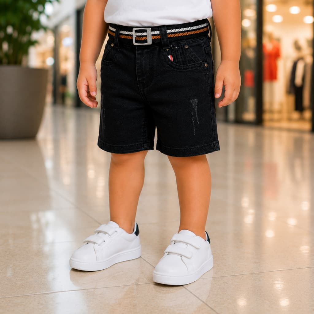 Bermuda Jeans Infantil Masculina Cinto Incluso 1 ao 3 Anos Confortável 97% Algodão 3% Elastano