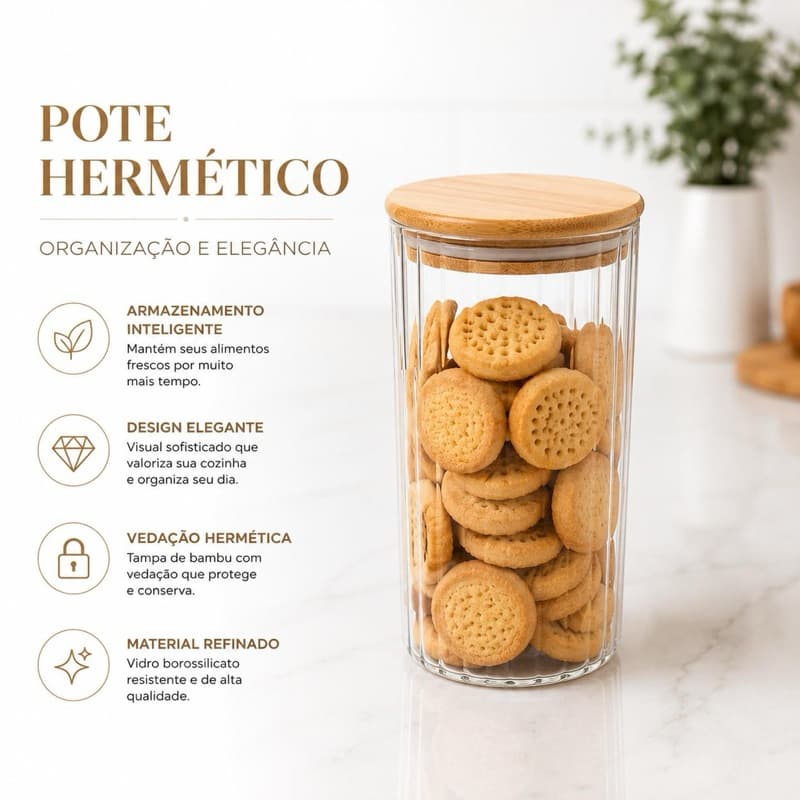 Pote Hermético Vidro Canelado 1,2 ML com Tampa de Bambu para Mantimentos Organização Cozinha