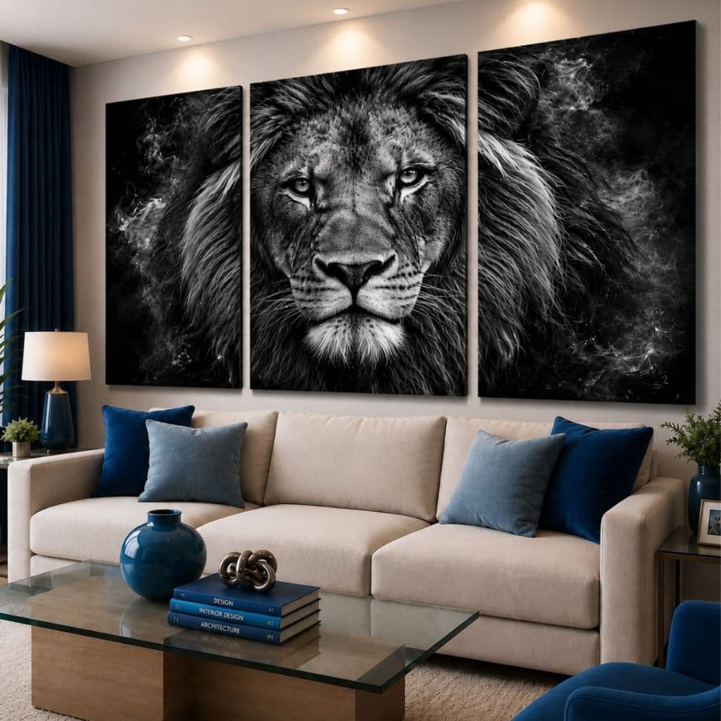 Kit 3 Quadros Decorativos Leão Preto E Branco Moderno Leão De Judá Evangélico Cristão Minimalista Sala De Estar Premium