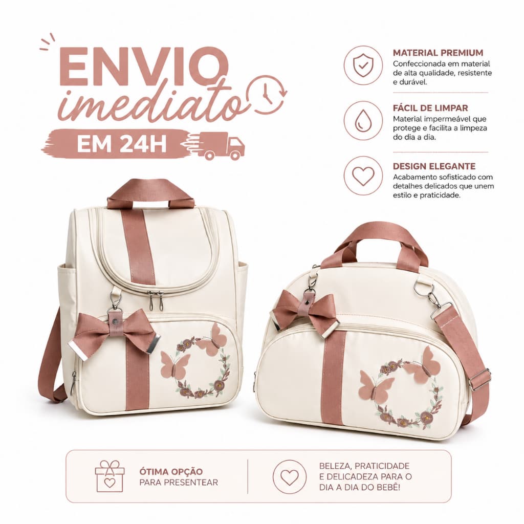 Kit 2 Bolsas de Maternidade Mochila e Mala G com Bordado Borboletas