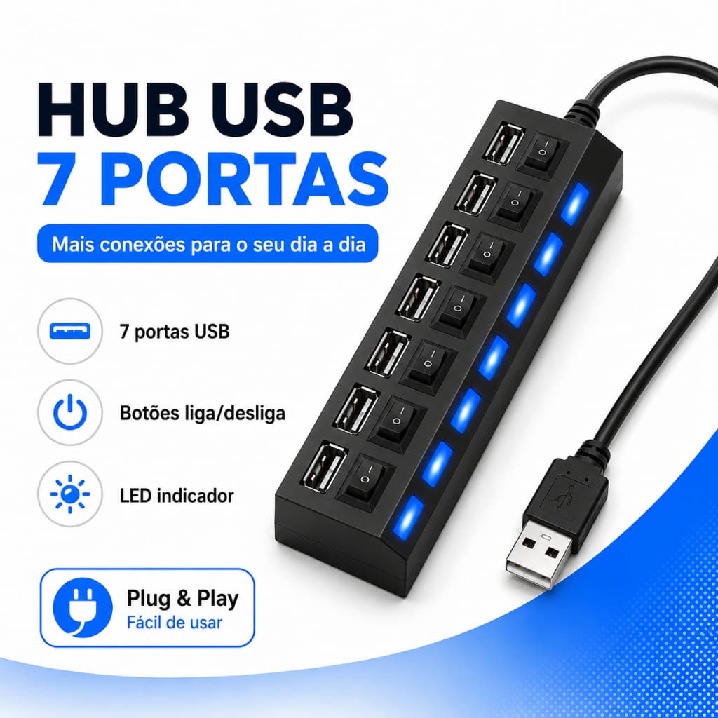 Hub USB 7 Portas com Interruptores Individuais e LED Azul para PC, Notebook, Mouse e Teclado