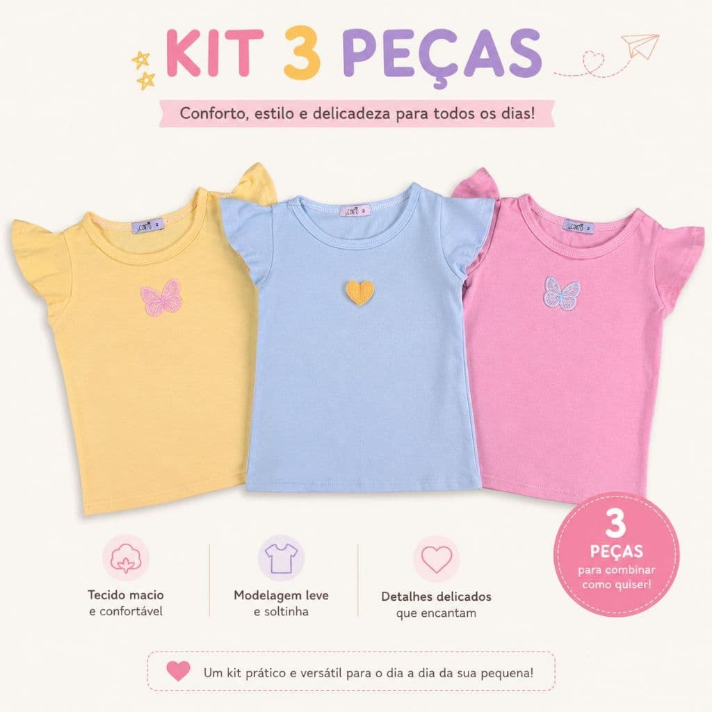 blusa manga curta infantil menina kit 3 peças colorida com aplique