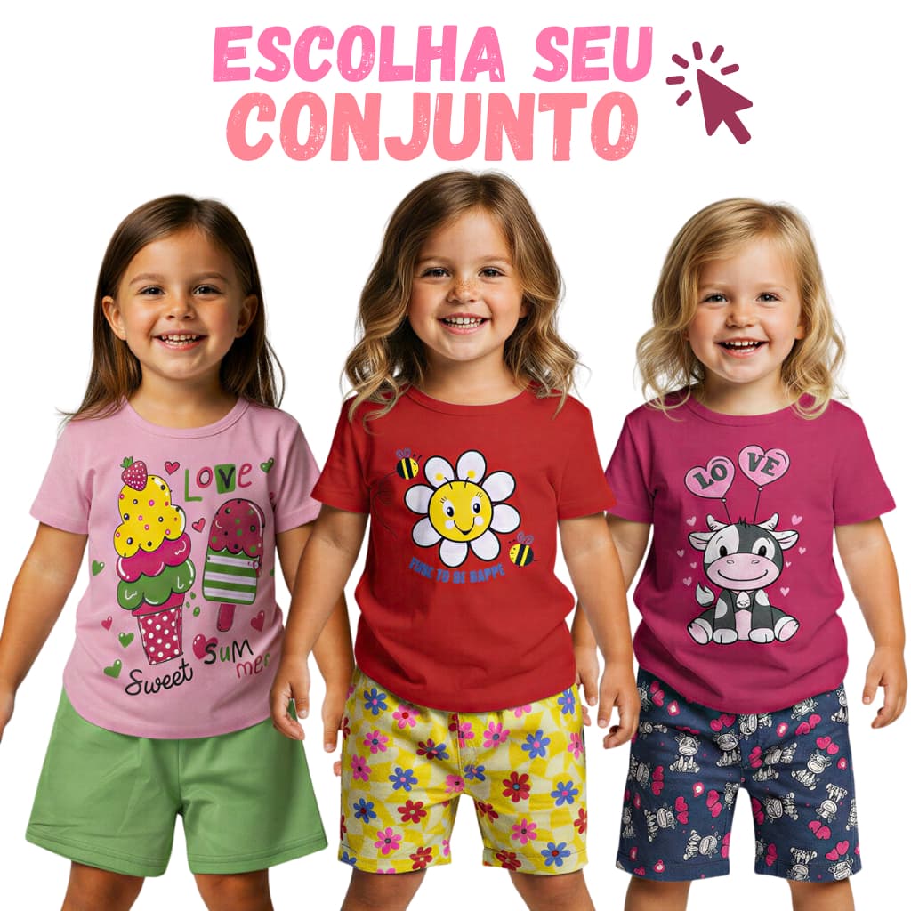 Conjunto Roupa Infantil Menina Verão Coleção Estampado Escolhido Camiseta + Shorts Premium