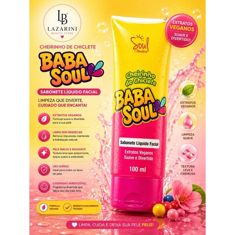 Sabonete Líquido Facial BabaSoul Cheirinho de Chiclete 100ml | Soul Cosméticos | Limpeza Facial