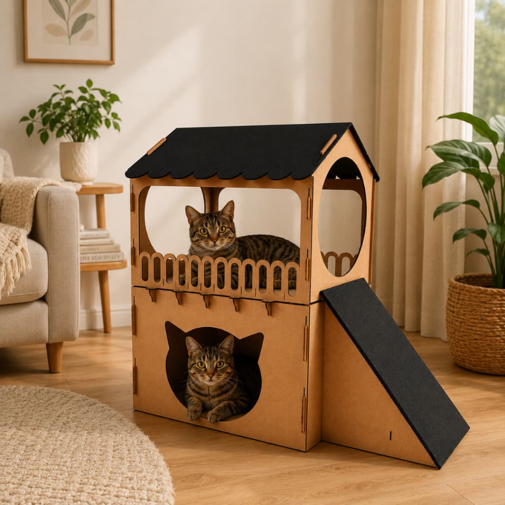 Casinha de Gato Mdf CRU 2 Andares com Rampa Arranhador Gato Grande Dormir 75x65x32cm
