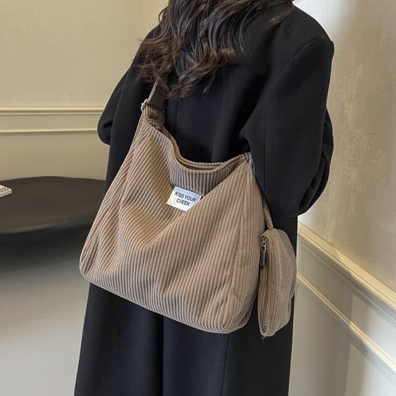 Bolsa Feminina de Veludo Cotelê Grande Capacidade Tote Bag Ombro Transversal Casual Retrô