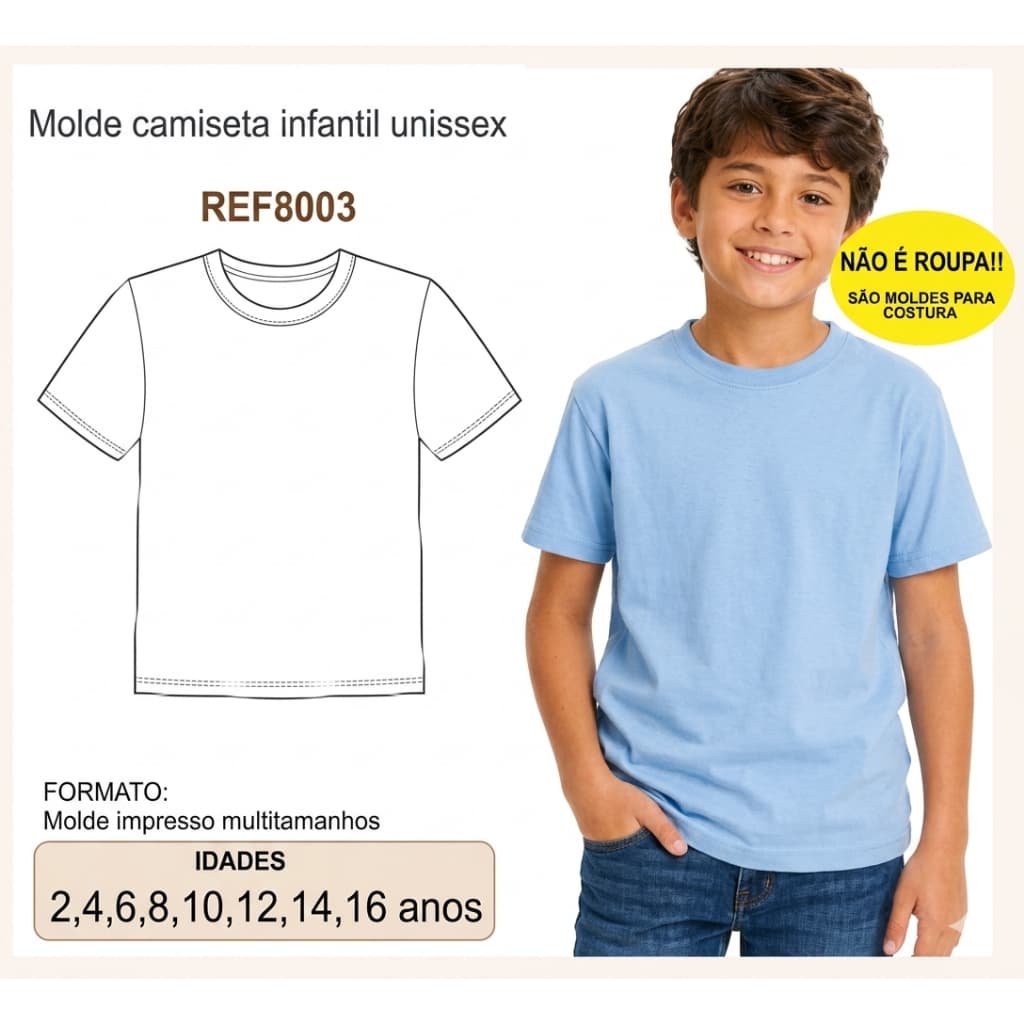 REF8003 Molde Camiseta Infantil Unissex 2 a 16 anos multitamanhos impresso papel kraft