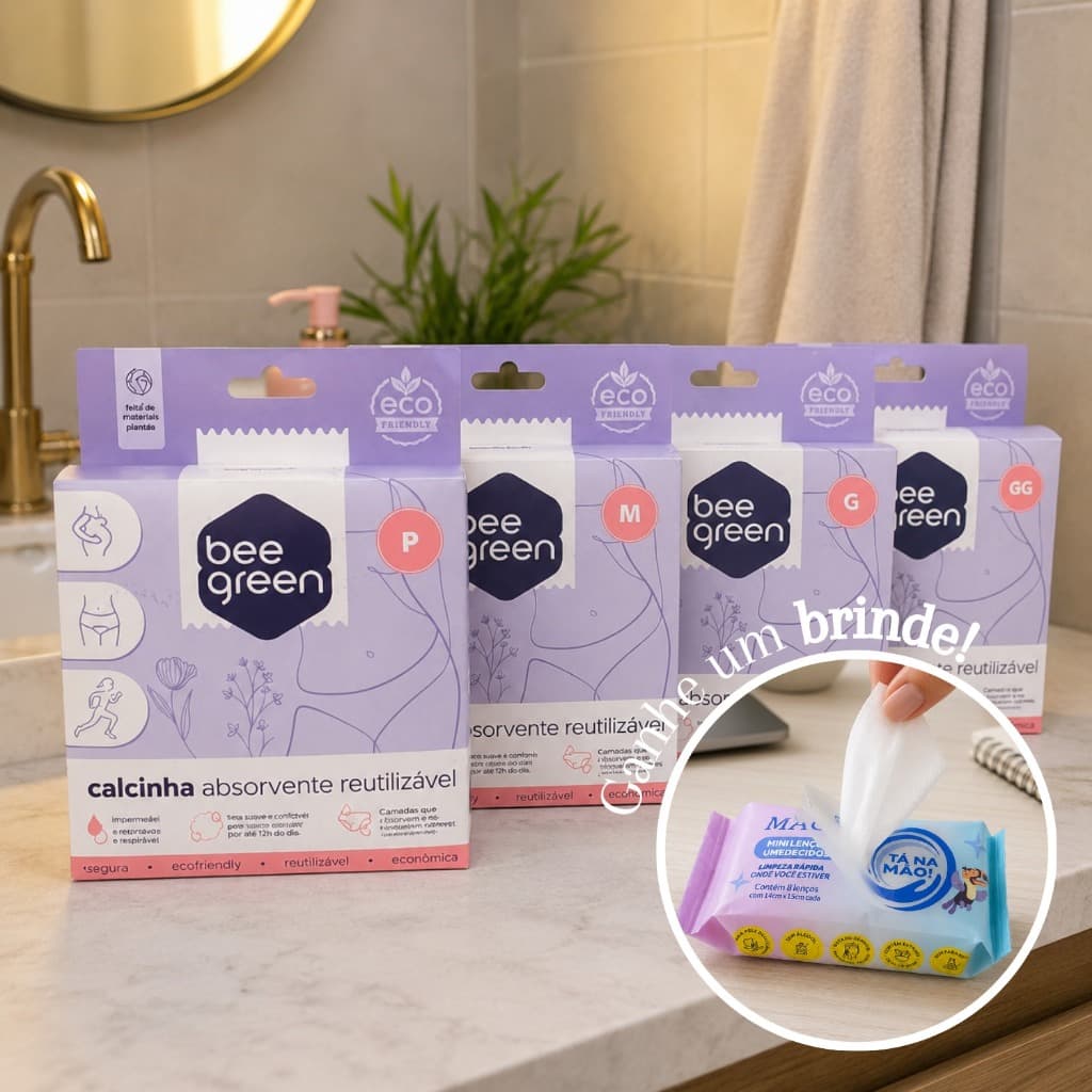 Calcinha Absorvente Reutilizável Beegreen Preta Antibacteriana p/ Incontinência ou Absorvente + Brinde Lenço Umedecido