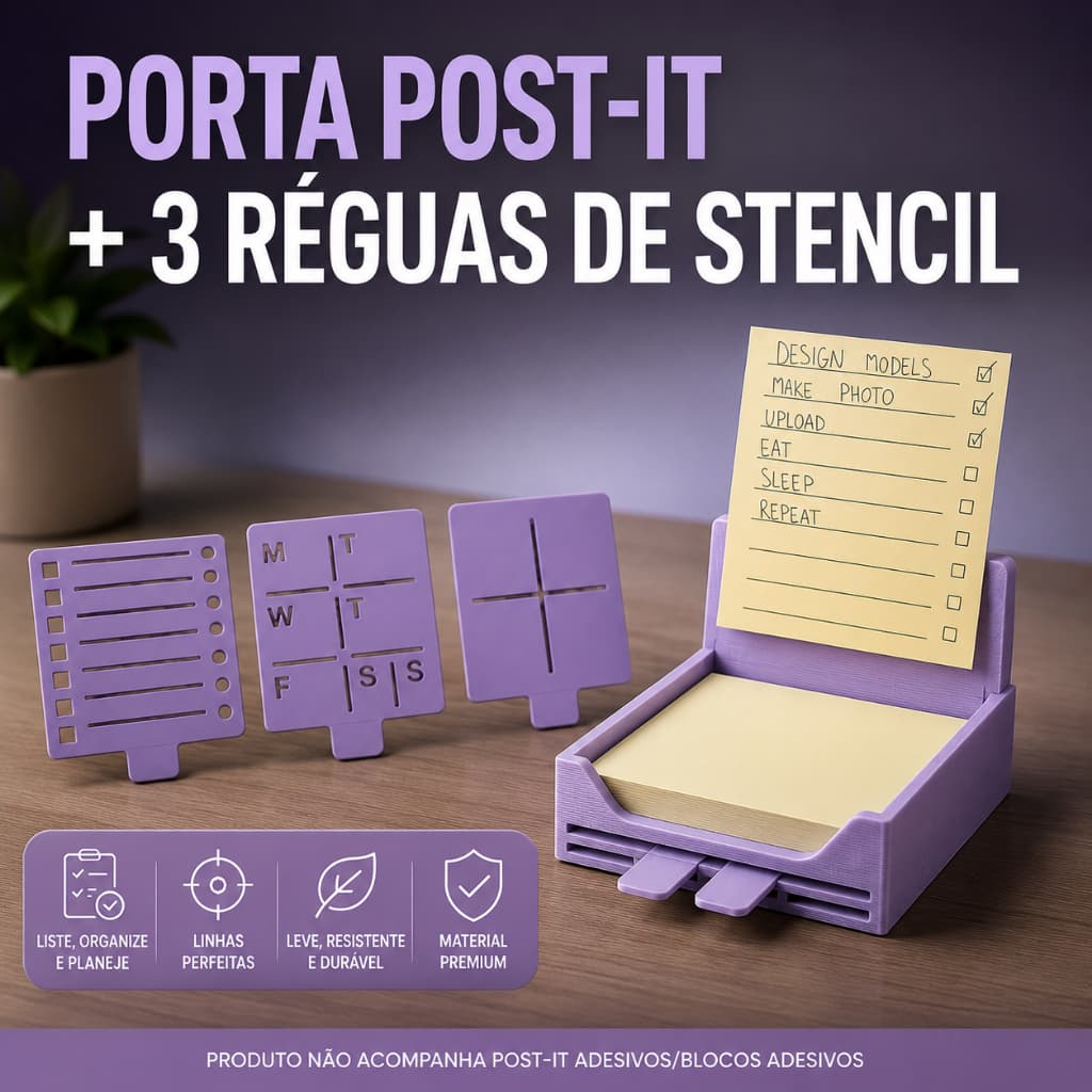 Porta Post-it com 3 Réguas Stencil Organizador para Anotações Estudos Planejamento e Presente Criativo