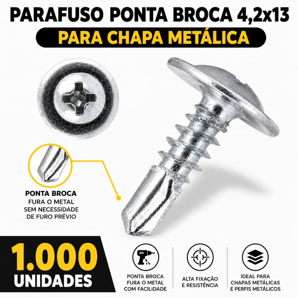 Kit Parafuso Auto Brocante 4,2x13 Flangeado Serrilhado Philips Zincado Chapa Metal P/Forro PVC