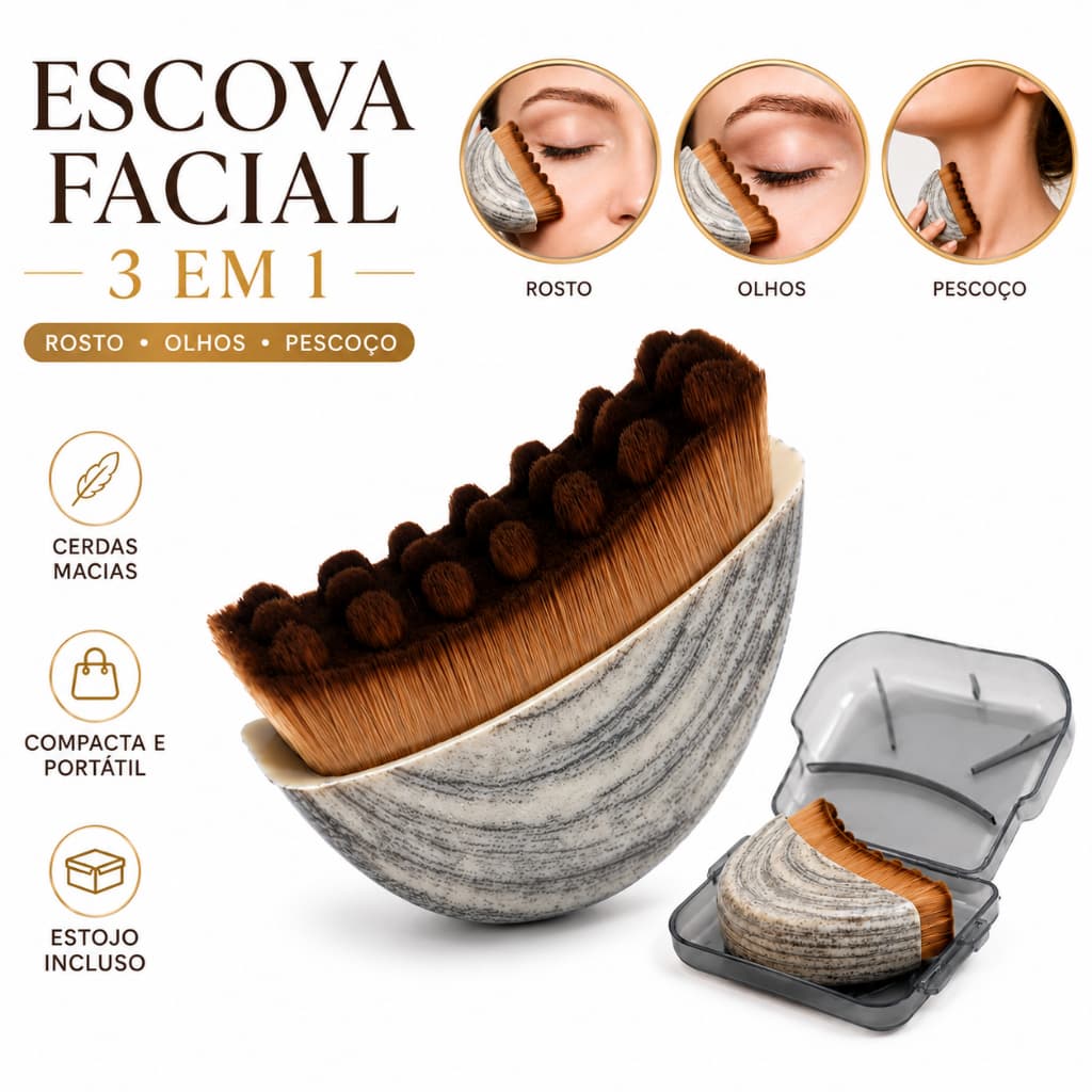Escova de Contorno Linfático Facial 3em1 Massagem Rosto Olhos Pescoço com Estojo Portátil