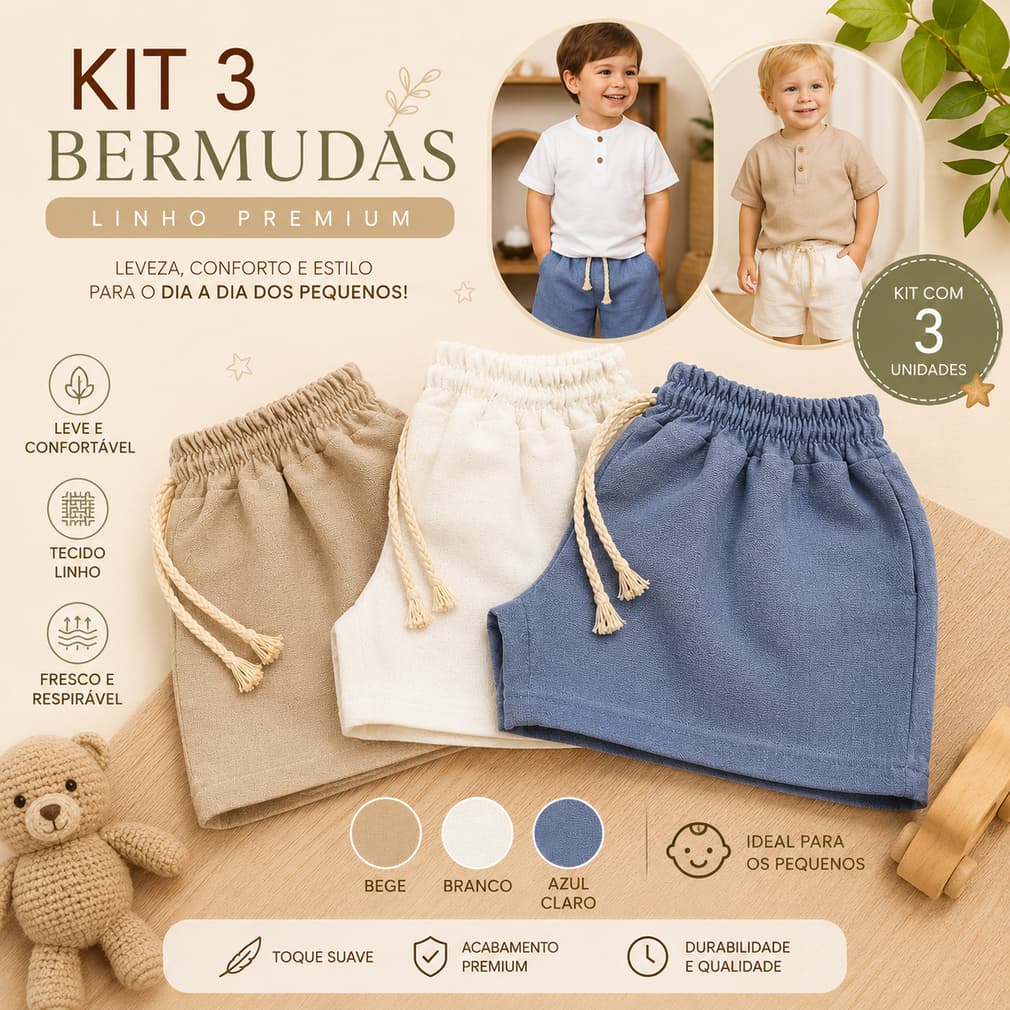 Kit 3 Bermudas Infantil Mauricinho em Linho - Do 1 a 8 Anos - Variadas Cores