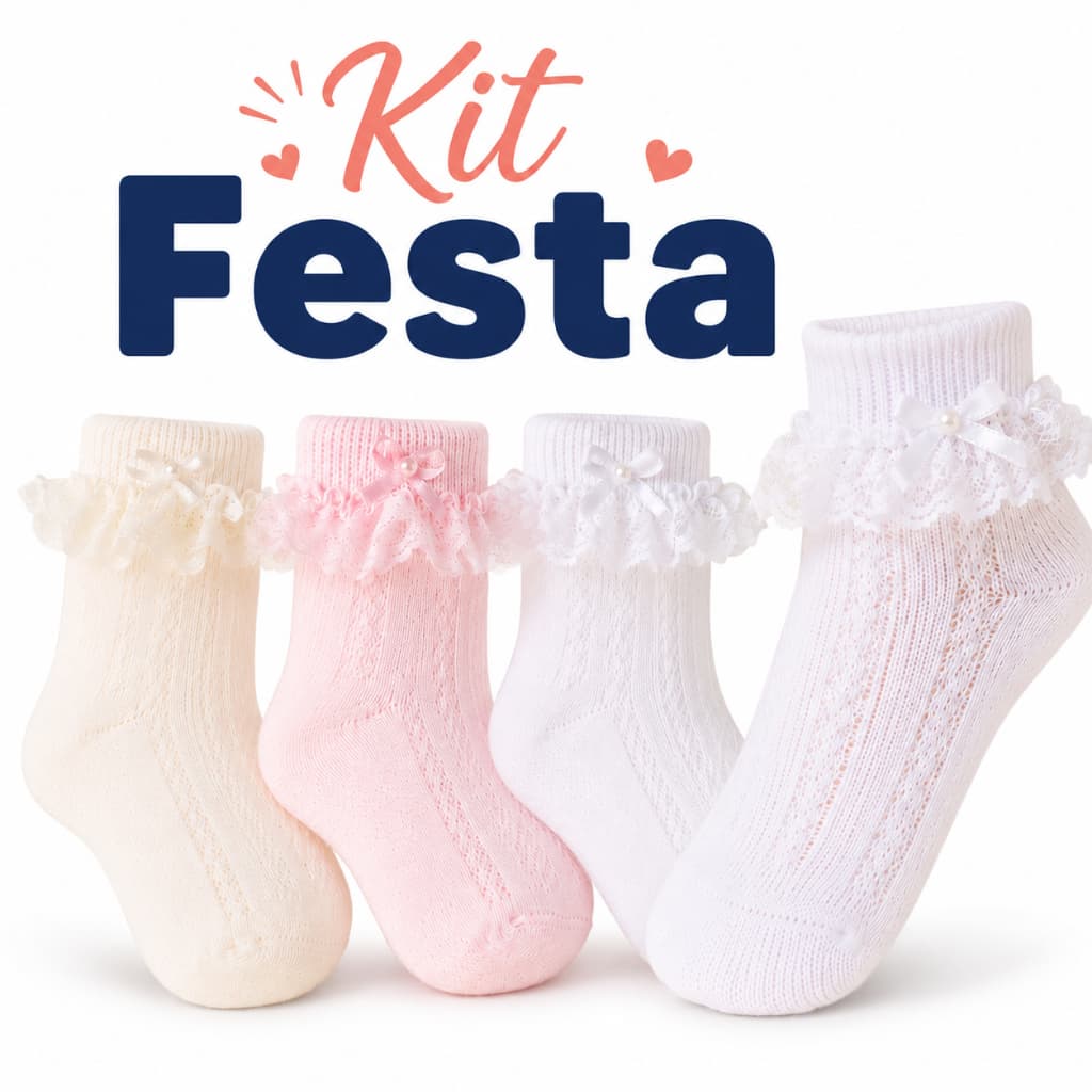 Kit Meia Bebê Menina Festa Algodão Renda Laço Daminha Batizado Casamento 2 ou 3 Pares
