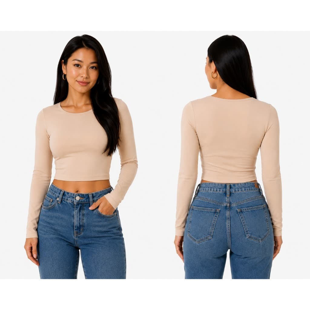Croppeds Manga Longa Gola U Canelado Cores Neutras e Básicas Casual Elegante