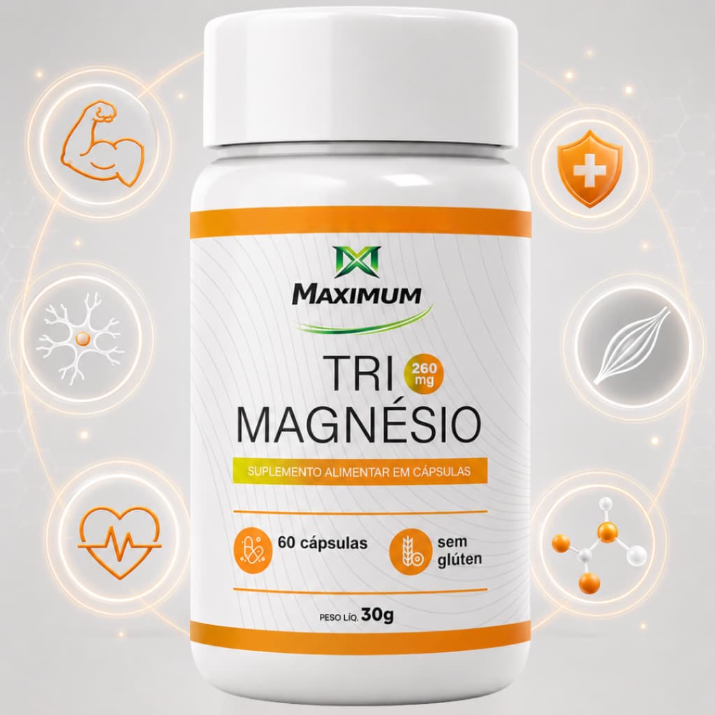Tri Magnésio Quelato + Bisglicinato + Malato 3 Em 1 Maximum Original Suplemento 60 Cápsulas