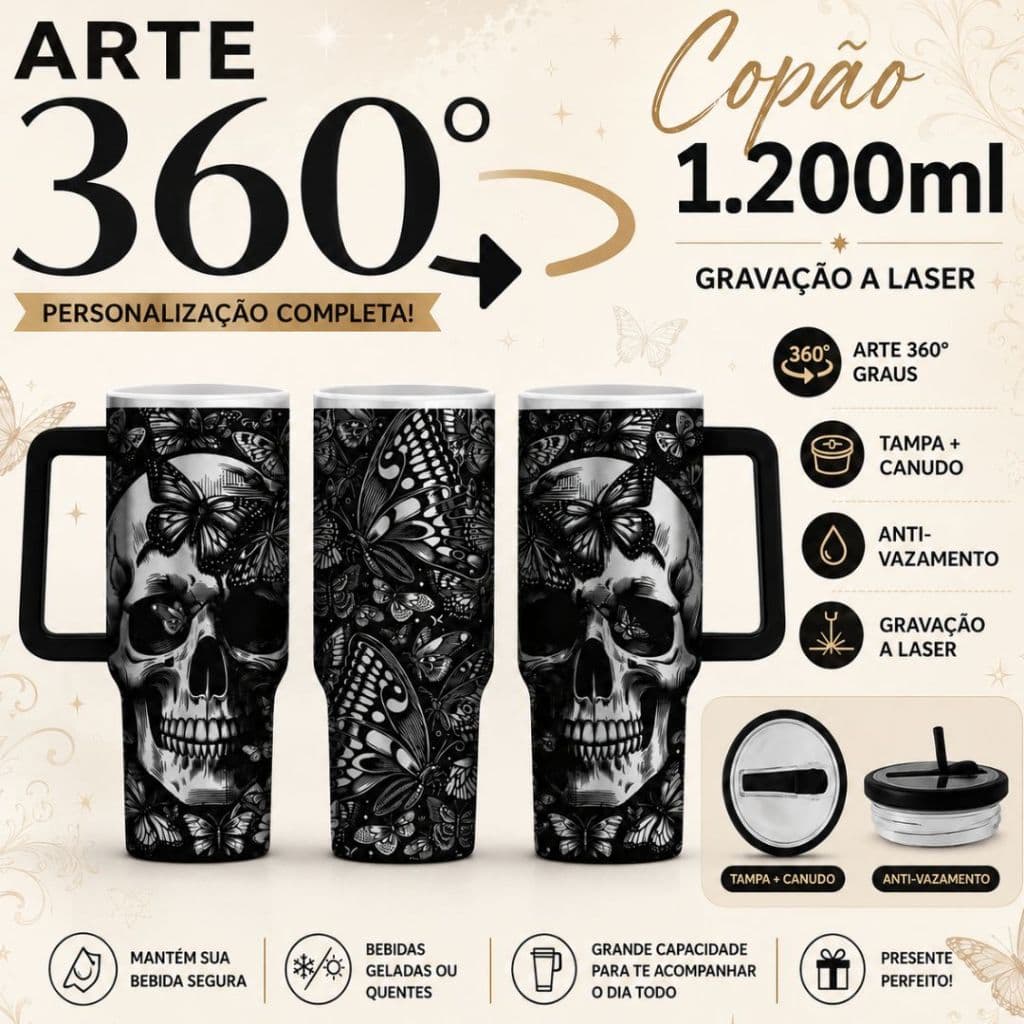 COPO TÉRMICO 1200ML COPÃO COM CANUDO ARTE 360ºGRAUS COPO INTEIRO TEMA: CAVEIRA COM BORBOLETA Gótica Mexicana