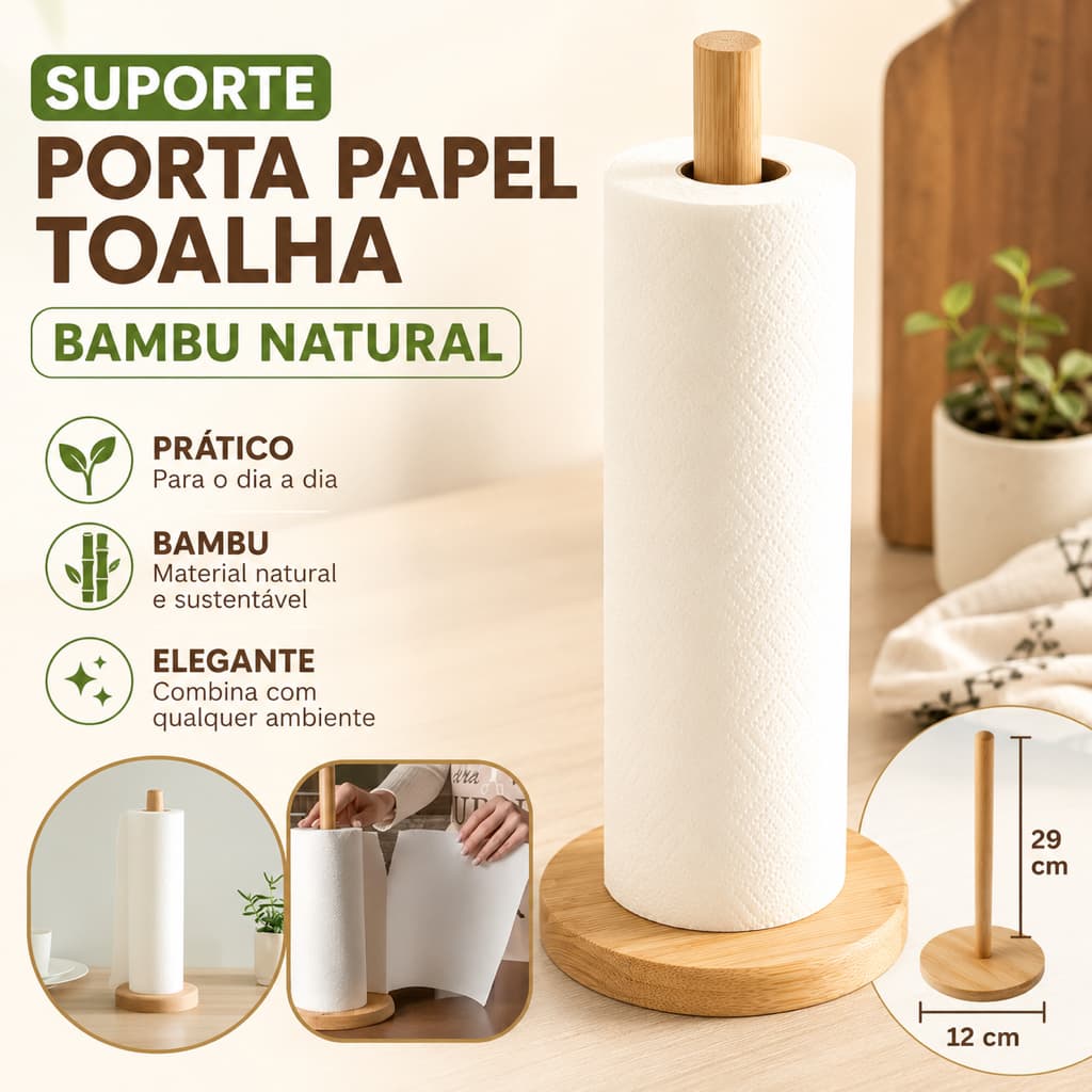 Suporte Papel Toalha Bambu Vertical Mesa Cozinha 40x14cm Mesa Posta Organização Antiderrapante