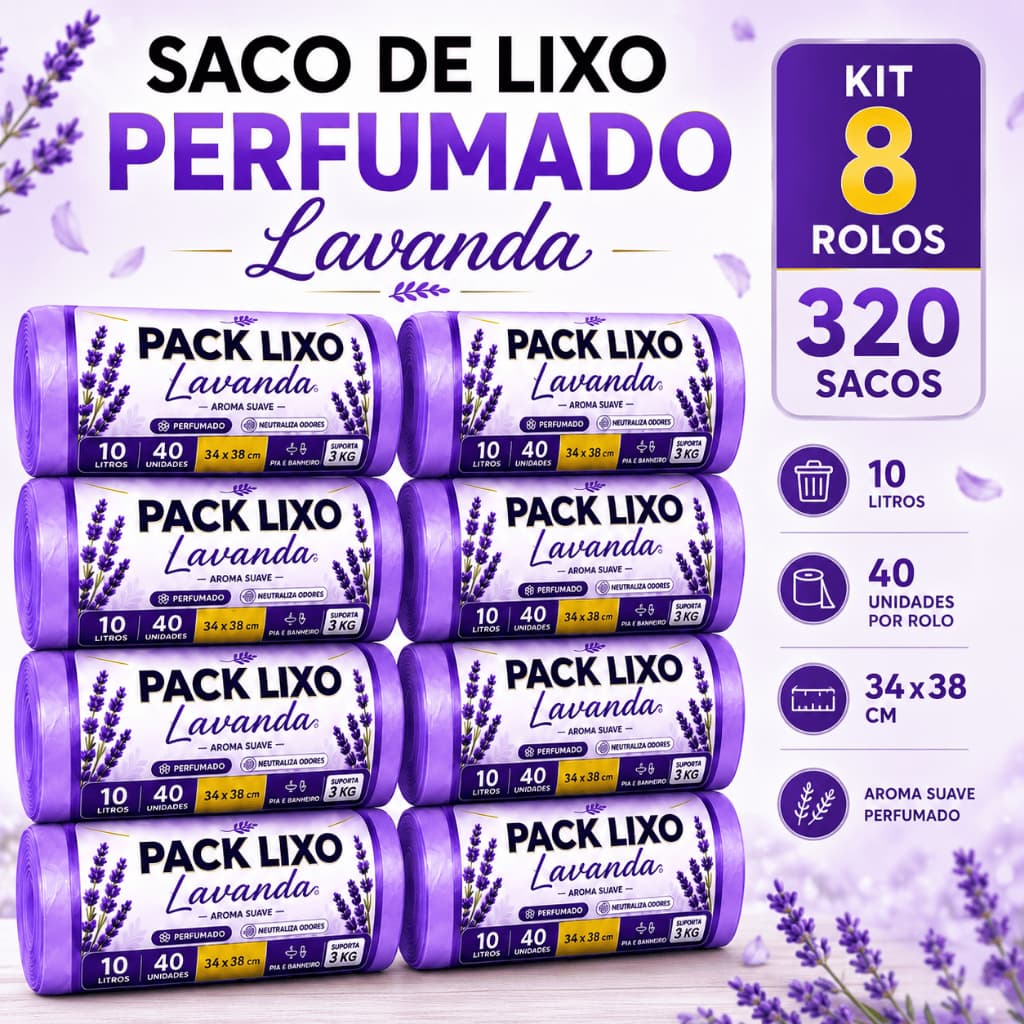 Kit 8 Rolos Saco de Lixo Perfumado Lavanda 10L 320 Sacos para Pia e Banheiro Neutraliza Maus Odores