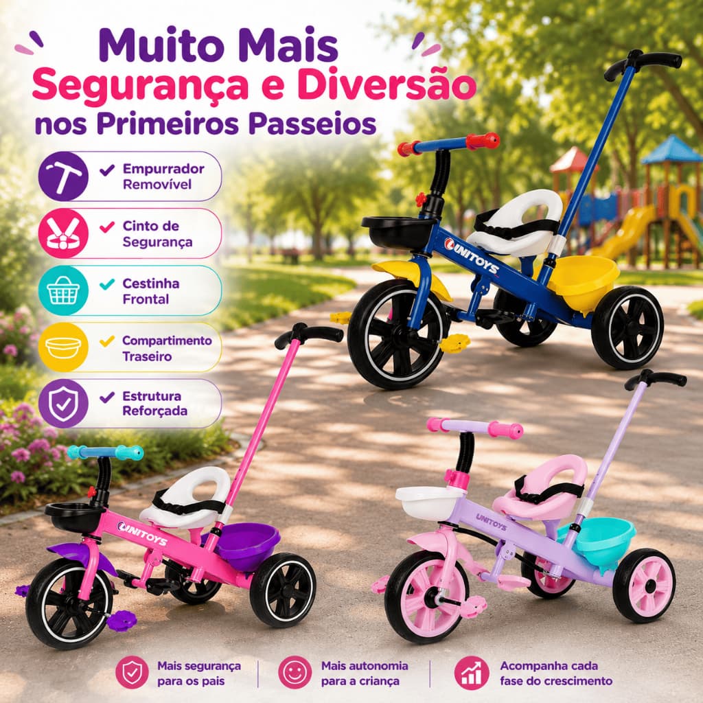 Triciclo com Empurrador Infantil Bike Passeio para Bebê Criança 3 Rodas Guidão Cinto de Segurança  Confortavel