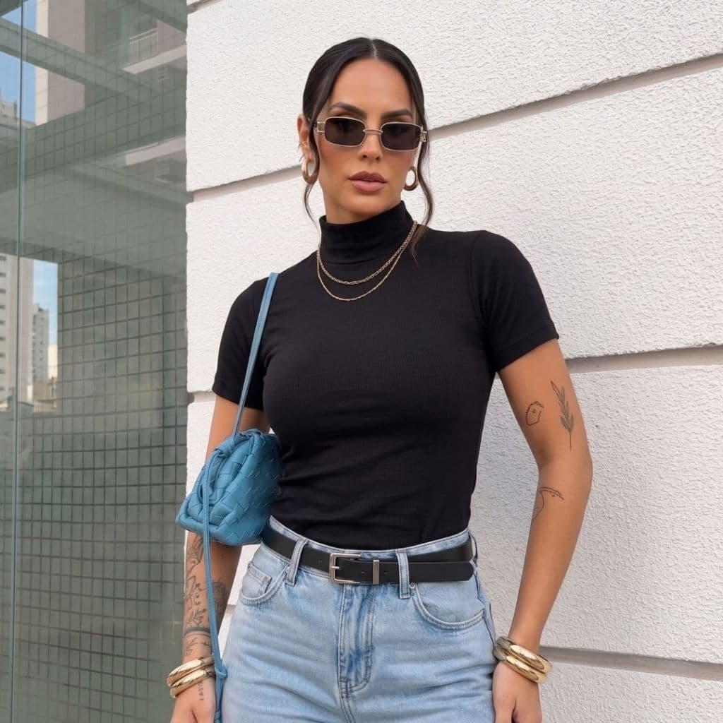 Blusa Cacharrel Feminina Gola Alta Canelada Ribana Premium Manga Curta