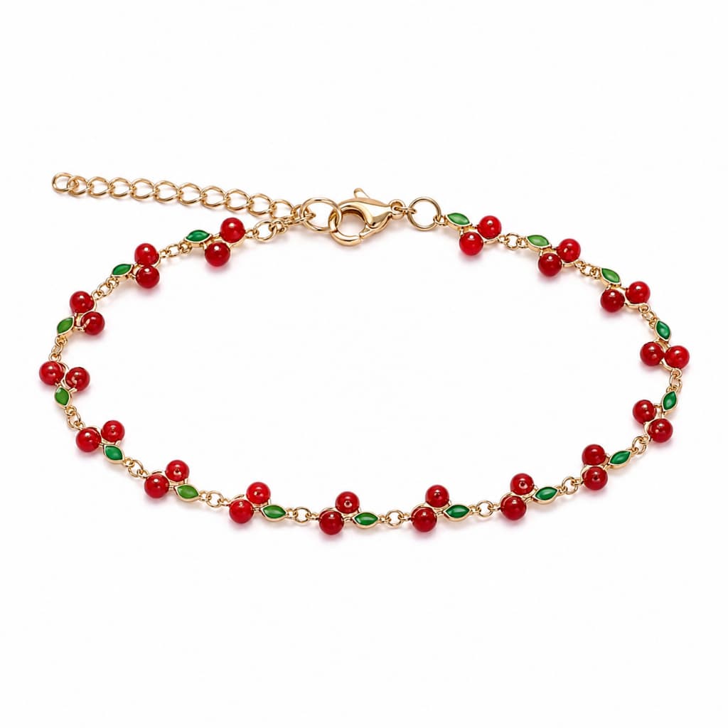 Pulseira Cereja Feminina Aço Inox Não Escurece Ajustável Presente Delicado