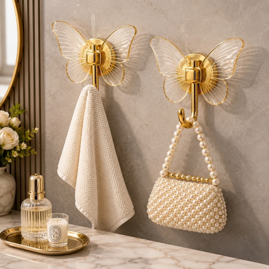 Kit 4 Ganchos Multiuso Adesivos Borboleta Dourado – Suporta até 5kg