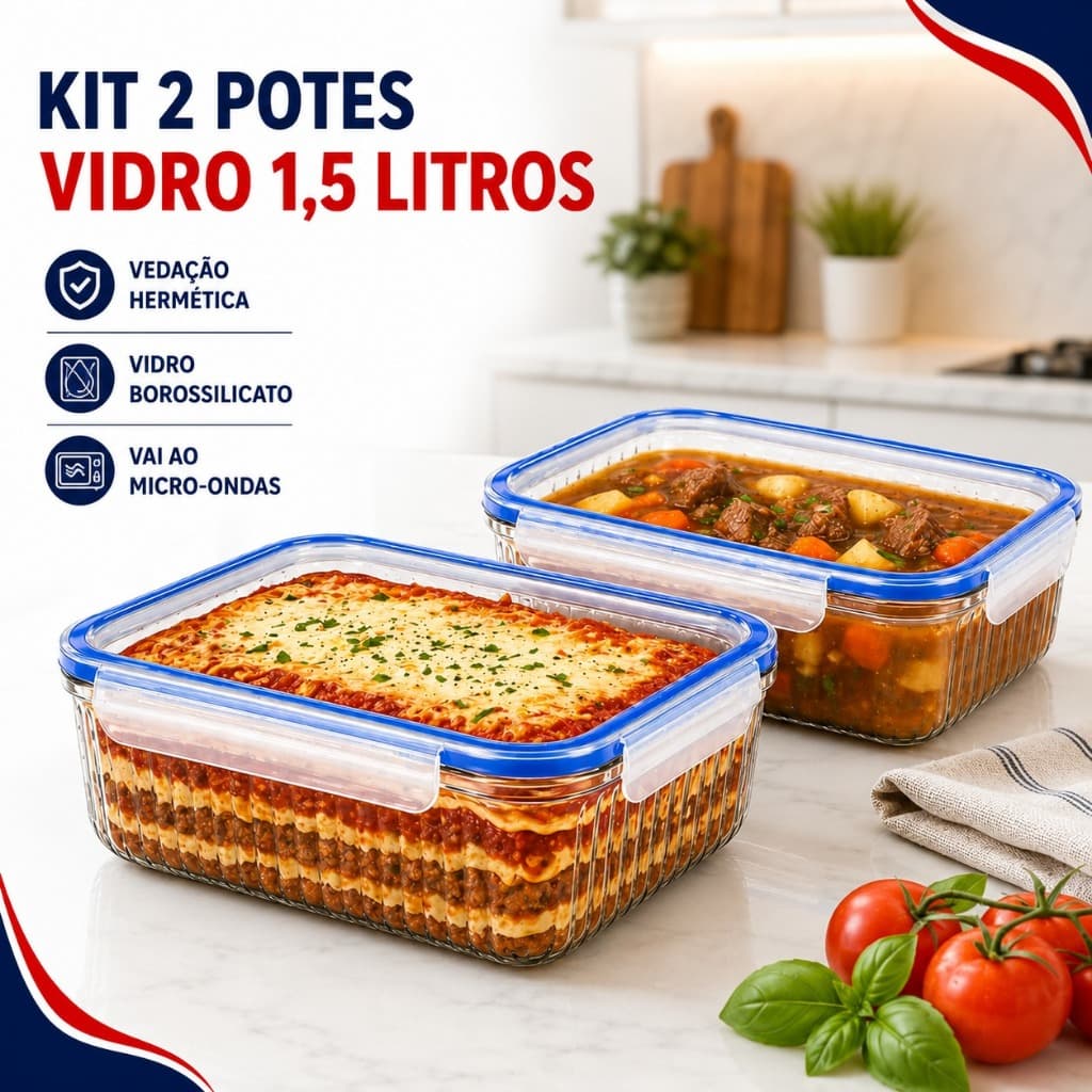 Kit 2 Potes De Vidro Grande 1,5 Litros Marmita Microondas Freezer