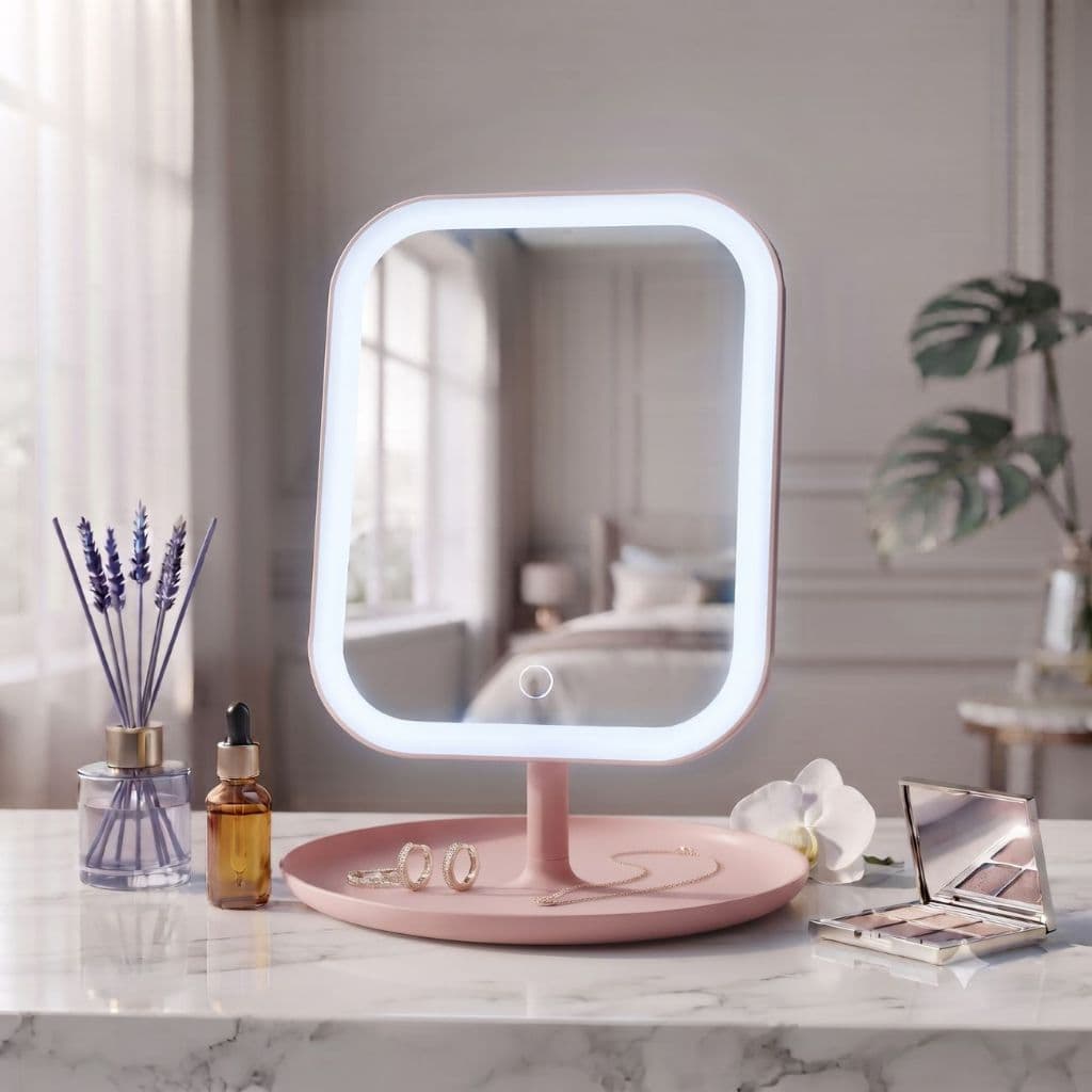 Espelho LED Maquiagem USB Portátil de Mesa com Rotação Ajustável para Penteadeira e Skincare