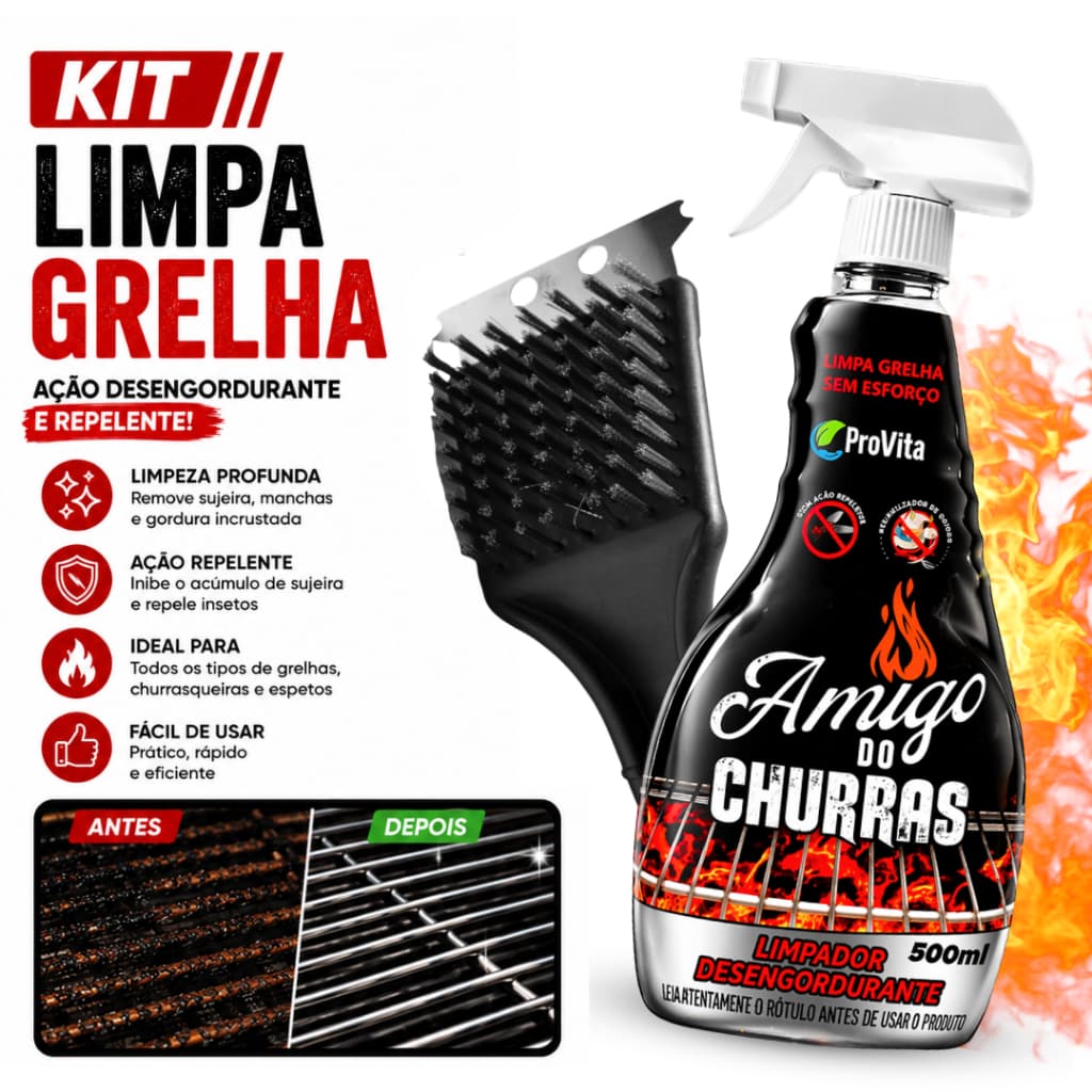 Kit Limpa Grelha Spray 500ml Desengordurante Remove Gordura + Escova Limpa Grelha Churrasqueira Fogão Grill Forno
