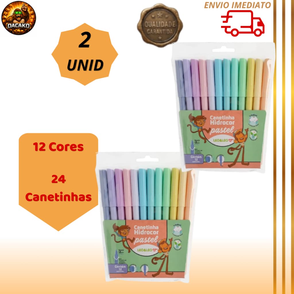 Combo 2 Estojos Canetinha Hidrocor Leo & Leo Tons Pastel Estojo 12 Cores Desenho Colorir