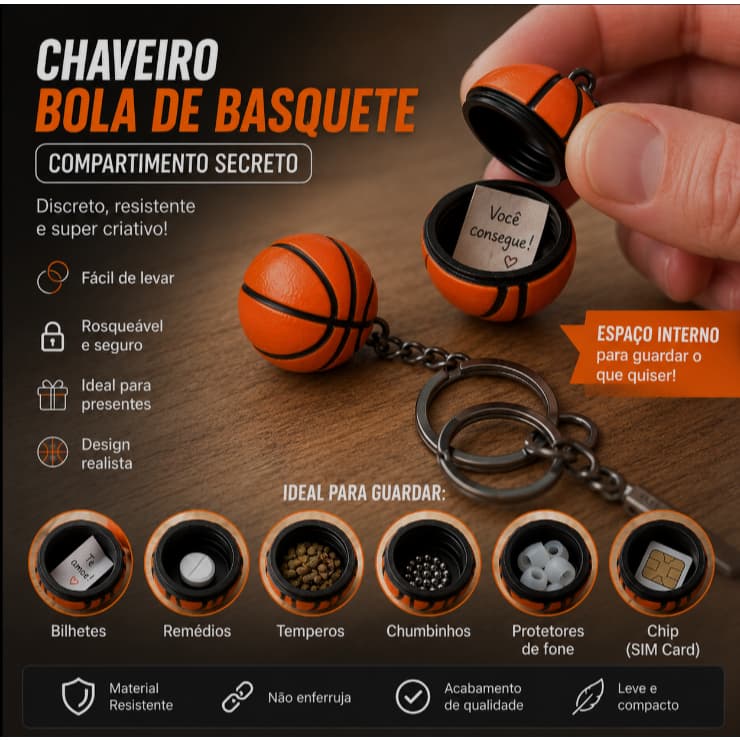 Chaveiro Bola de Basquete Compartimento Secreto Porta Remédio Porta Bilhete Mini Cápsula Rosqueável Presente Criativo