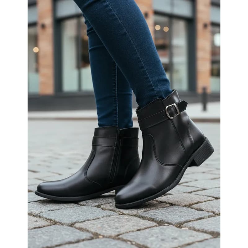 Bota Feminina Cano Curto Salto Baixo Com Fechamento Lateral em Ziper Fivela Decorativa